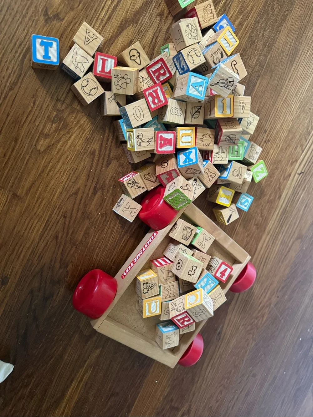 Wooden Alphabet & Number Pull Toy with Red, Blue, Green, Yellow Blocks